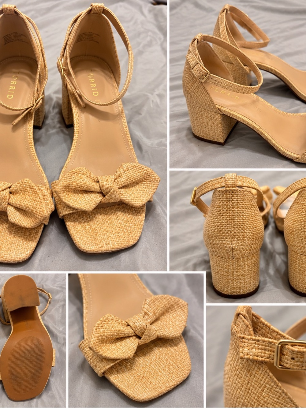 Torrid Bow Block Heel Sandals Size 7W Tan Raffia Ankle Strap